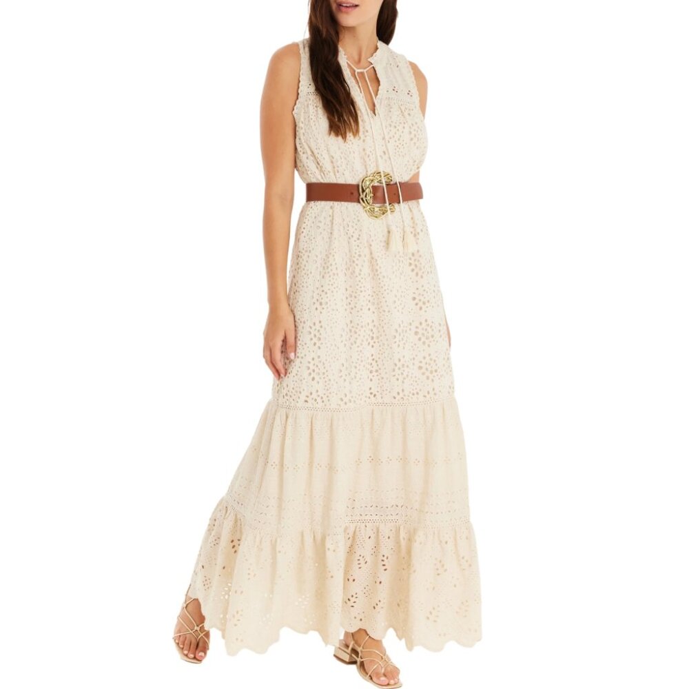 Allison Estelle Cream Eyelet Maxi Dress Small Cotton NWT Belted Boho Embroidered